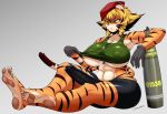 1girl abs anthro areola armpits artillery_shell beret big_breasts breasts claws clothing cute feet feline furry futanari gloves green_eyes hat huge_breasts jewelry kemono kitty mammal midriff muscular muscular_female necklace nipple_bulge pawpads saffron_(safurantora) safurantora shell simple_background sweat sweating thick_thighs tiger toe_claws underboob weapon