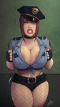  1girl big_breasts big_lips bimbo brown_hair devil_hs female_only fishnets g-string jill_valentine police_hat police_uniform policewoman resident_evil solo_female solo_focus tied_shirt 