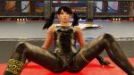  1girl 1girl alluring asian asian_female black_hair bodysuit distressed female_focus female_only full_body_suit hair_ornament latex latex_suit ling_xiaoyu looking_at_viewer namco on_floor on_ground pigtails pov sitting solo_female sweat sweaty sweaty_arms tekken twin_tails video_game_character 