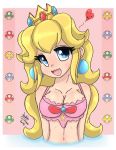  1girl blonde_hair blue_eyes bra breasts crown earrings mushroom nintendo pink_background princess_peach super_mario_bros. 