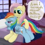  2013 anus ass bdsm bed blue_eyes blue_fur cutie_mark dialog duo english_text equine female feral fluttershy friendship_is_magic furry hair horse inside lesbian multicolored_hair my_little_pony pegasus pink_hair pony purple_eyes pussy rainbow_dash rainbow_hair smudge_proof spanking text wings yellow_fur 