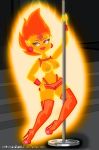  1girl adventure_time big_breasts breasts clothing elemental erect_nipples female fire fire_elemental flame_princess hair jewel lingerie nipples pointy_ears pole princess red_eyes red_hair royalty sandybelldf solo stripper stripper_pole thigh_highs 