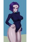  1girl big_breasts blush breasts clothed clothing dc_comics female_only grey_skin humanoid leotard long_sleeves mostly_clothed purple_hair raven_(dc) short_hair standing tagme teen_titans wide_hips zipsha 