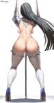  1girl 2021 armor artist_signature ass ass_cheeks ass_focus back back_view backboob barely_clothed big_breasts black_hair breasts bubble_butt facing_forward female_butt_nudity female_focus female_only high_heels high_res huge_ass junketsu kill_la_kill kiryuuin_satsuki living_clothes long_hair posing_with_weapon shexyo shoulder_pads simple_background stockings sword thick_thighs thighs weapon white_background white_clothing 
