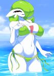  1girl ashraely bikini breasts gardevoir green_hair hi_res high_res highres nintendo nipples pokemon pokemon_(species) red_eyes smile smiling water 