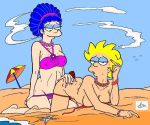 azrael_(artist) beach bikini blue_hair dildo lisa_simpson marge_simpson mother_and_daughter pearls the_simpsons yellow_skin