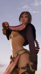 1girl 3d alluring asian asian_female braid braided_hair braided_ponytail brown_eyes brown_hair clothed female_only hot light_skin long_hair looking_at_viewer medium_breasts mrstranger no_bra pulling_panties seong_mi-na sexy smile soul_calibur soul_calibur_ii soul_calibur_iii teasing under_boob undressing