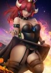  1girl 1girl 1girl areola black_panties blue_eyes bowsette choker crown dress dress_lift earrings female_only garter_belt panties ponytail pubic_hair pussy red_hair stockings stockings super_mario_bros. thick_thighs tied_hair voluptuous zumi_(artist) 