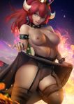  1girl 1girl 1girl areola areola blue_eyes bowsette breasts choker crown dress_lift earrings female_only garter_belt ponytail pubic_hair pussy red_hair stockings stockings super_mario_bros. thick_thighs tied_hair voluptuous zumi_(artist) 