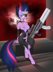  2013 anthro bandanna breasts clothing cloud equine eye_patch eyewear female friendship_is_magic furry gun hair horn horse looking_at_viewer multicolored_hair my_little_pony necklace nipples outside panties pony purple_eyes purple_hair ranged_weapon scar sitting skinsuit sky source_request tail thong torn_clothing twilight_sparkle_(mlp) underwear unicorn v-d-k weapon 