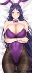 1girl bunnysuit fate/grand_order fate_(series) female_only huge_breasts long_hair looking_at_viewer minamoto_no_raikou_(fate) on_back solo_female zucchini