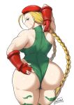  1girl antenna_hair ass backboob bare_shoulders batako beret blonde blonde_hair blue_eyes braid breasts cammy_white capcom from_behind gloves green_leotard hat huge_ass long_hair looking_at_viewer looking_back medium_breasts pale_skin rear_view scar shiny_hair shiny_skin sideboob smile street_fighter thick_thighs thighs twin_braids very_long_hair video_game_character video_game_franchise 