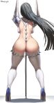  1girl 2021 armor artist_signature ass ass_cheeks ass_focus back back_view backboob barely_clothed big_breasts black_hair breasts bubble_butt facing_forward female_focus female_only high_heels high_res huge_ass junketsu kill_la_kill kiryuuin_satsuki living_clothes long_hair posing_with_weapon shexyo shoulder_pads simple_background stockings sword thick_thighs thighs weapon white_background white_clothing 