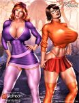  aged_up cleavage daphne_blake dress glasses huge_breasts mikami_(artist) miniskirt scooby-doo stockings thighhighs thighs thong velma_dinkley 