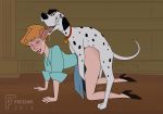  101_dalmatians 1_boy 1_girl 1boy 1girl 2018 all_fours animal anita_radcliffe beastiality bent_over blush closed_eyes clothed clothed_female dalmatian disney dog dog_collar doggy_position doggystyle female_human female_human/dog female_human/male_dog fikomi from_behind high_heels human implied_sex legs male/female male_dog on_all_fours pongo skirt skirt_lift 