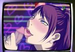  1girl atlus blush censored earrings fellatio heart jewelry kujikawa_rise licking lipstick makeup naughty_face neon_lights oral penis persona persona_4 pole pubic_hair purple_hair s_(tenshi_no_kiss) shadow_(persona) stripper stripper_pole television tv_screen twintails yellow_eyes zaqxsw_(pixiv) 