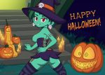  1girl 1girl breasts female_only green_skin halloween halloween_costume hand_on_hip high_res jack-o&#039;-lantern looking_at_viewer lustylizard nipples pussy pussy red_eyes rottytops shantae smile witch witch_hat zombie 