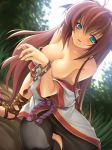  1girl areolae blue_eyes blush bracelet breasts cleavage female head_wings jewelry kazuma_muramasa long_hair monk nature naughty_face nipple_slip nipples no_bra outdoors ragnarok_online red_hair rope shirt_pull sitting smile solo undressing 