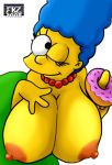  bent_over blue_hair breasts donut fbz hair hanging_breasts huge_breasts marge_simpson pearls smile the_simpsons white_background wink yellow_skin 