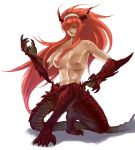  1girl breasts claws dragon_girl green_eyes horns long_hair looking_at_viewer monster_girl monster_hunter original pointy_ears rathalos red_hair rule_63 simple_background smile solo tail very_long_hair wakky white_background 