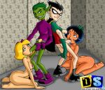alex_(totally_spies) back-to-back beast_boy clover_(totally_spies) crossover cum cum_in_mouth dark-skinned_female dark_skin dc dc_comics drawn-sex.com fellatio functionally_nude hand_on_head holding_penis interracial looking_back older older_female on_knees robin teen_titans totally_spies young_adult young_adult_female young_adult_male young_adult_woman