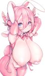  1girl areola big_breasts blue_eyes breasts bunny_ears bunny_ears_gesture bunny_tail cleavage cute elbow_gloves female_only fingerless_gloves gloves heart_pasties huge_breasts long_hair looking_at_viewer macaron_(niucniuc) massive_breasts nipples niucniuc pasties pink_hair reverse_bunnysuit reverse_outfit smile solo_female 