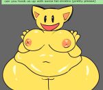  1girl anthro bbw beady_eyes belly big_belly big_breasts big_smile breasts cat_ears chubby chubby_anthro chubby_belly chubby_female color colored cute dot_eyes drretro_(regretevator) fat_belly fat_breasts fat_female fat_fetish fat_thighs fat_woman feline feline_humanoid female_anthro female_focus female_only furry furry_breasts furry_female furry_only grey_background grossthing_(artist) morbidly_obese morbidly_obese_anthro morbidly_obese_female naked_female navel nipples nude nude_female orange_nipples overweight overweight_anthro overweight_female plump plump_labia pussy regretevator request roblox roblox_game shiny_skin smile solo_anthro solo_female solo_focus ssbbw text thick_thighs thighs thighs_bigger_than_head thighs_together toony yellow_body yellow_skin 