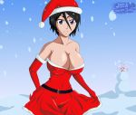 1girl ahoge big_breasts bleach breasts christmas christmas_outfit female_only greengiant2012 heart rukia_kuchiki santa_costume santa_hat snow solo