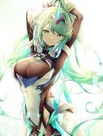  1girl 1girl alluring arms_behind_head big_breasts black_bodysuit bodysuit closed_mouth commentary covered_navel green_eyes green_hair headpiece high_res long_hair looking_at_viewer nintendo pneuma_(xenoblade) ponytail simple_background smile swept_bangs ui_frara very_long_hair white_background xenoblade_(series) xenoblade_chronicles_2 