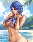  1girl alluring alternate_version_available aqua_(kingdom_hearts) arms_on_breasts artist_logo bare_legs beach beach_background blue_eyes blue_hair breasts brown_lipstick clouds daytime detailed_background disney female_only flowerxl kingdom_hearts looking_at_viewer naked_from_the_waist_down no_panties ocean pale-skinned_female purple_bikini purple_eyes seductive_smile short_hair square_enix upper_body wide_hips widescreen 