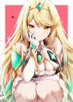  1girl alluring arm_guards bare_legs bare_shoulders big_breasts blonde_hair chest_jewel cleavage core_crystal_(xenoblade) dangle_earrings dress drop_earrings earrings gem gloves headpiece high_res jewelry long_hair looking_at_viewer microdress mythra nintendo swept_bangs tiara tsundere ui_frara xenoblade_(series) xenoblade_chronicles_2 yellow_eyes 