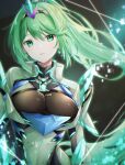  1girl 1girl alluring armor big_breasts chest_jewel cleavage core_crystal_(xenoblade) dangle_earrings drop_earrings earrings gem greek_text green_eyes green_hair hair_ornament headpiece high_res jewelry long_hair looking_at_viewer neon_trim nintendo pneuma_(xenoblade) ponytail swept_bangs tiara ui_frara very_long_hair xenoblade_(series) xenoblade_chronicles_2 