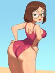  ass back_view barleyshake bob_cut brown_hair dat_ass family_guy glasses hands_on_hips highleg_swimsuit looking_at_viewer looking_back meg_griffin one-piece_swimsuit pink_swimsuit round_glasses seductive_eyes seductive_look short_hair smile smug swimsuit thick_ass thick_thighs 