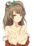  1girl bare_shoulders bow breast_hold breasts brown_hair cleavage covering covering_breasts deep_skin detached_sleeves eyelashes female fur_trim hair_bow hair_ornament hair_ribbon hand_bra hews_hack huge_breasts large_breasts long_hair looking_at_viewer love_live!_school_idol_project minami_kotori no_bra ponytail ribbon simple_background smile solo tareme topless upper_body white_background yellow_eyes 