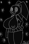  1girl 2021 anthro ass big_ass breasts clothing exposed_breasts floppy_ears hand_on_butt huge_breasts miso_souperstar nipples open_mouth playstation rabbit simple_background skirt smile solo_female striped_skirt tail thick_thighs vib-ribbon vibri white_outline 