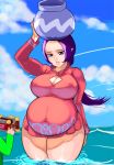  1girl balancing_on_head big_breasts blue_eyes blue_sky breasts camera cleavage cleavage_cutout curvy elazuls-core erect_nipples highres huge_breasts link lips long_hair object_on_head ocean plump pointy_ears ponytail pot pregnant purple_eyes purple_hair sky solo_focus sue-belle the_legend_of_zelda the_legend_of_zelda:_the_wind_waker the_wind_waker thick_thighs thighs wading wide_hips 