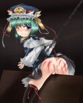 1girl bdsm bondage chain chains collar eiki_shiki female_focus green_hair guro hat high_res injury leash looking_back no_panties pain predicament_bondage pussy pussy_juice shikieiki_yamaxanadu shimo_(depthbomb) stockings tears tied_up torture touhou whip_marks wince wooden_horse