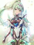 1girl 1girl alluring armored_bodysuit big_breasts bodysuit chest_jewel closed_mouth commentary_request core_crystal_(xenoblade) earrings floating_hair green_eyes green_hair grin high_res jewelry long_hair looking_at_viewer pneuma_(xenoblade) ponytail sidelocks smile tiara ui_frara very_long_hair xenoblade_(series) xenoblade_chronicles_2 