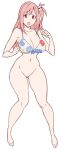  1girl absurd_res alluring bare_legs bare_shoulders big_breasts bikini breasts cleavage dead_or_alive dead_or_alive_5 female_focus flat_color floral_print full_body hair_ornament high_res honoka long_hair looking_at_viewer naked_from_the_waist_down open_mouth pink_hair pussy side_ponytail stomach swimsuit tecmo white_background x-t3al 