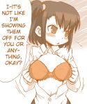 blush bra breasts brown_eyes brown_hair hard_translated large_breasts lingerie monochrome open_clothes open_shirt original original_character ponytail shirt short_hair tai_(pixiv6134) translated tsundere underwear