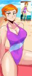  1girl alternate_breast_size beach ben_10 big_breasts blush breasts cartoon_network cleavage covered_navel deanialsart female_only green_eyes gwen_tennyson legs looking_at_viewer ocean one-piece_swimsuit orange_hair short_hair sitting smile swimsuit thighs water 