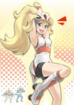 1girl :d arm_behind_head arm_up armpits bare_shoulders bicycle_helmet bike_shorts blonde_hair blue_eyes blush boots breasts fingerless_gloves gloves gym_leader hakutakuanta hawlucha helmet highres korrina koruni_(pokemon) leg_up long_hair looking_at_viewer looking_down lucario open_mouth pokemon pokemon_(game) pokemon_xy polka_dot polka_dot_background ponytail roller_skates skates smile solo sweat two_side_up