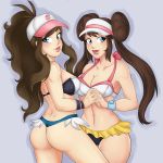 2girls :d alluring arm arms art ass ata_yami babe back bare_arms bare_back bare_legs bare_shoulders baseball_cap big_breasts blue_eyes blush bra breasts brown_hair cleavage collarbone double_bun double_buns grey_background hand_holding hat hilda_(pokemon) interlocked_fingers legs lips lipstick long_hair looking_at_viewer looking_back makeup mei_(pokemon) microskirt midriff multiple_girls mutual_yuri navel neck nintendo open_mouth pink_lipstick pokemon pokemon_(anime) pokemon_(game) pokemon_black_and_white pokemon_bw pokemon_bw2 ponytail rosa_(pokemon) simple_background skirt standing strapless strapless_bikini strapless_swimsuit swimsuit thong touko_(pokemon) twin_tails underwear visor_cap watch wedgie white_(pokemon) wide_hips wristband wristwatch yuri