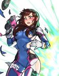  1girl blush brown_hair d.va d.va_(overwatch) embarrassed embarrassed_nude_female embarrassing enf gun long_hair overwatch ripped_clothes ripped_clothing solo_female solo_focus torn_clothes torn_clothing wardrobe_malfunction weapon 
