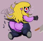 ass big_ass blonde_hair embarrassed embarrassed_nude_female embarrassing enf fingerless_gloves gloves going_commando long_hair monster monster_girl no_panties purple_skin red_eyes ripped_clothes ripped_clothing ripped_pants shortstack wardrobe_malfunction wide_hips