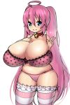  1girl ahoge bad_id bell bell_collar blue_eyes bra breasts chubby cleavage collar curvy frills gigantic_breasts long_hair magister_(bigbakunyuu) magister_(medical_whiskey) original panties pink_bra pink_hair pink_legwear pink_panties plump polka_dot polka_dot_bra polka_dot_panties skindentation smile solo striped striped_legwear thighhighs twintails underwear underwear_only v very_long_hair 