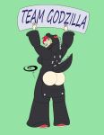  1girl artist_signature ass back_view butt_flap cartoon_network commission cosplay demencia frostbiteboi godzilla_(cosplay) grin holding_object holding_sign long_hair multicolored_hair no_panties rear_view red_hair sign smile villainous white_skin 