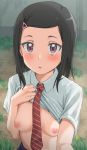  1girl blush breasts clothes_lift exposed_breasts female looking_at_viewer nipples no_bra partially_clothed school_uniform small_breasts 