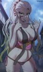  1girl ass_visible_through_thighs bare_shoulders big_breasts bikini black_nails blue_sky blunt_ends blurry blurry_background breasts building cloud cloudy_sky collarbone cowboy_shot daki daki_(kimetsu_no_yaiba) day demon_girl demon_slayer depth_of_field female_only floral_print forehead gradient_hair green_eyes green_hair hair_ornament hairpin hands_up high_ponytail highres kimetsu_no_yaiba lifted_by_self long_hair looking_at_viewer multicolored_hair nail_polish navel obi outside parted_lips patreon_logo patreon_username sash shexyo side-tie_bikini_bottom sky solo solo_female standing strap_lift swimsuit text_in_eyes thighs v-shaped_eyebrows very_long_hair web_address white_hair 