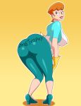 1girl apron ass ass_text big_breasts black_eyes breasts cameltoe dad&#039;s_trophy dexter&#039;s_laboratory dexter&#039;s_mom english_text female_only hair huge_breasts large_ass looking_back milf pervyangel red_hair round_ass solo solo_female text